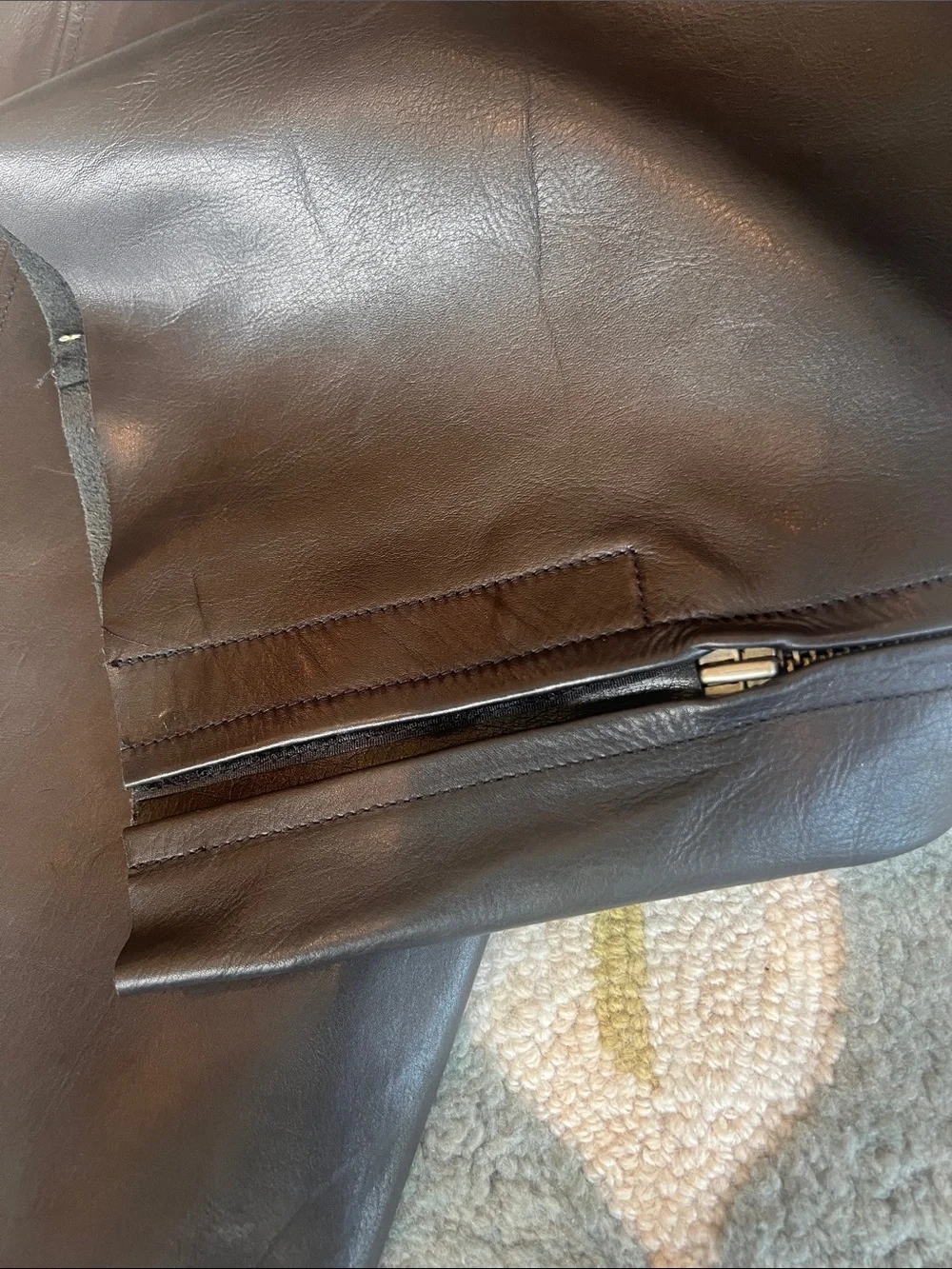 Black Leather Cargo Pants with Ribbed Waist and Belt Detail